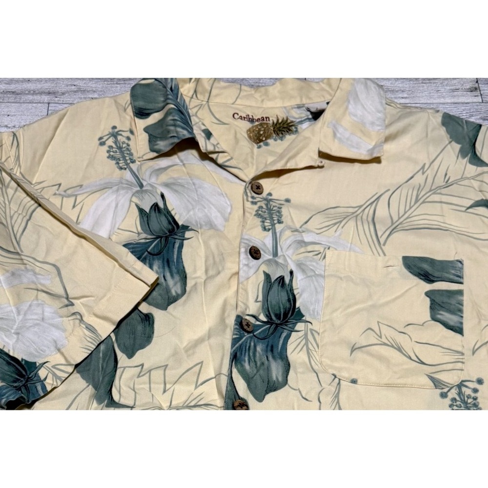 Caribbean Silk Cotton Hawaiian Camp Shirt Men's Yellow Tropical Leaf Aloha XXL